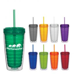 #CM 5716 - 16 Oz. Econo Double Wall Tumbler With Lid And Straw